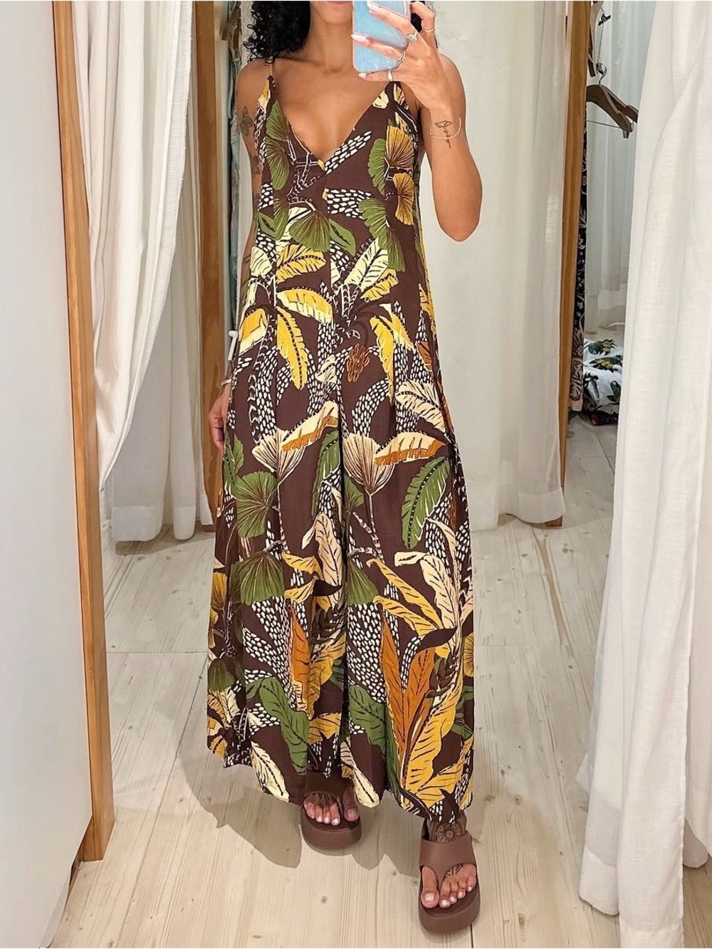 FARM Rio Brown, Green & Yellow Wide-Leg Jumpsuit Size M - Picture 4 of 4